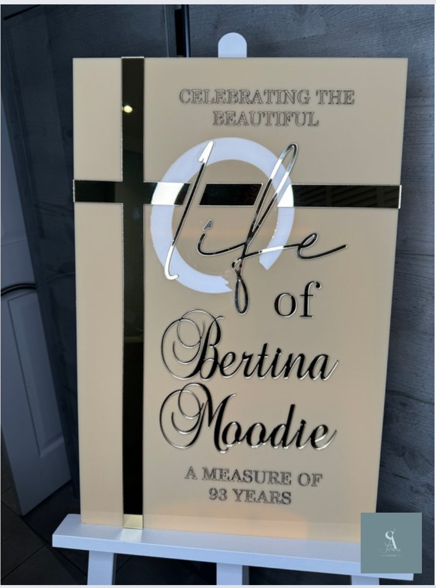 Celebration of life sign- with additional message