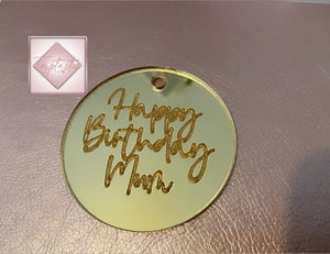 Personalised Engraved Acrylic tag: 2.5 inches wide - Mirror finish- Circle or Heart