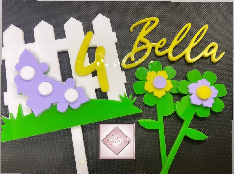 Acrylic 'In The Garden'/ Fairy/Garden Cake topper/ mini flowers