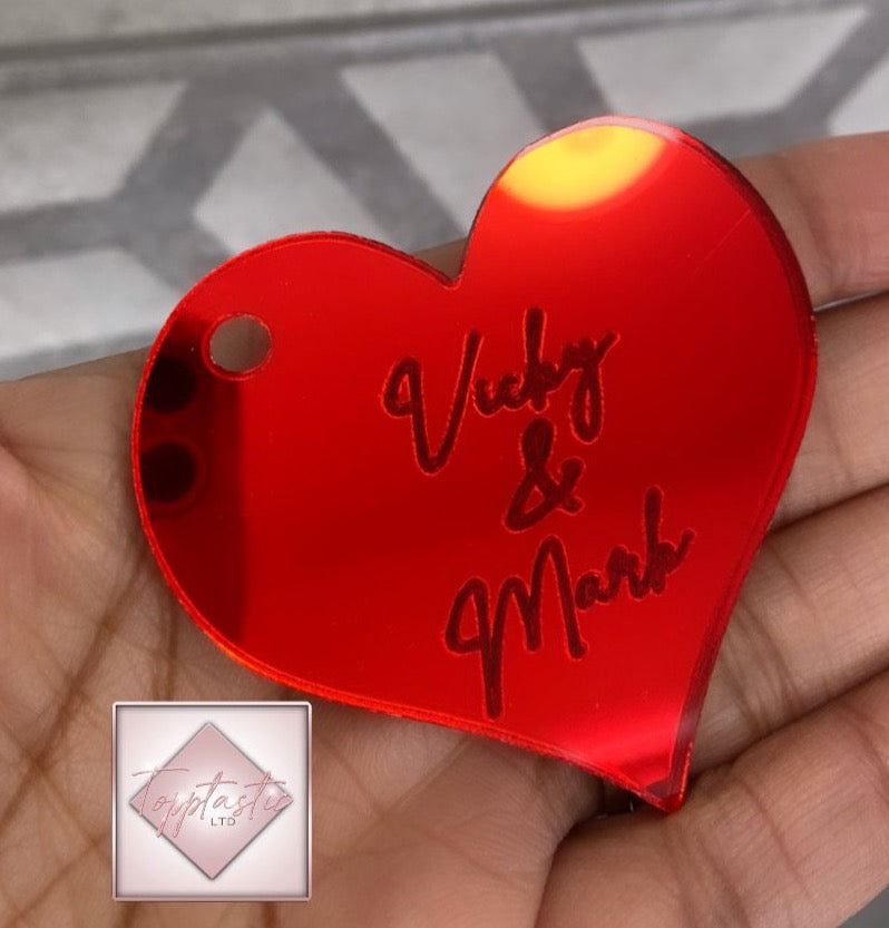 Personalised Engraved Acrylic tag: 2.5 inches wide - Mirror finish- Circle or Heart