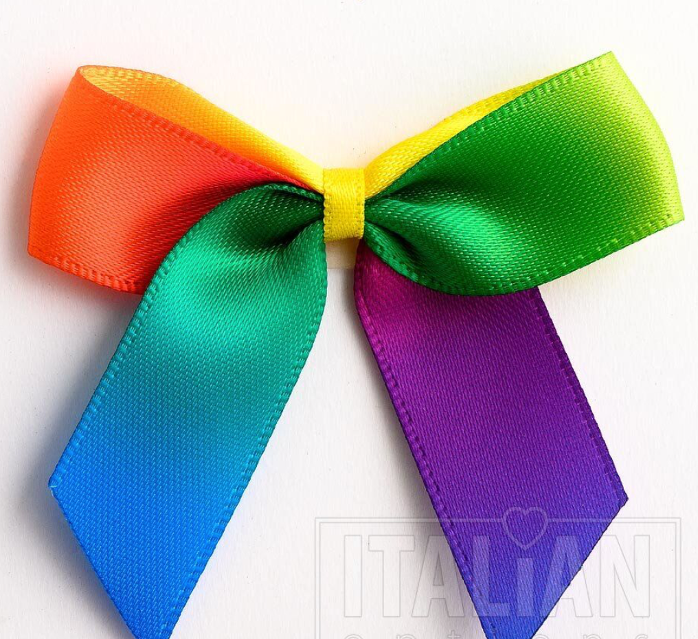 5mm wide Satin bows- of 6- self adhesive- Rainbow