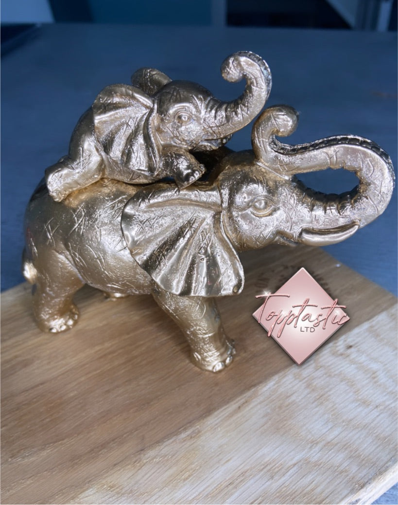 Gold painted Elephant Mother and Baby Figurine